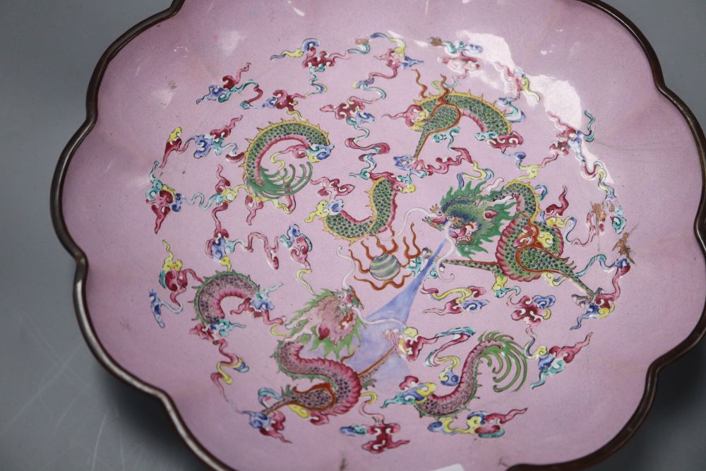 A pair of 19th century Canton enamel dragon dishes, diameter 27cm
